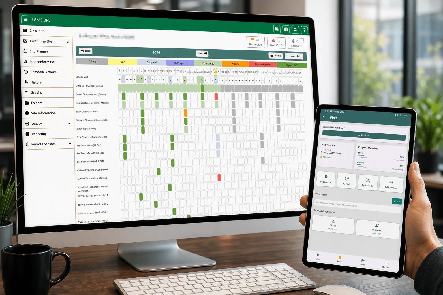 L8MS mobile app screenshot showing an on-site service visit and web-based building record system showing site schedule.