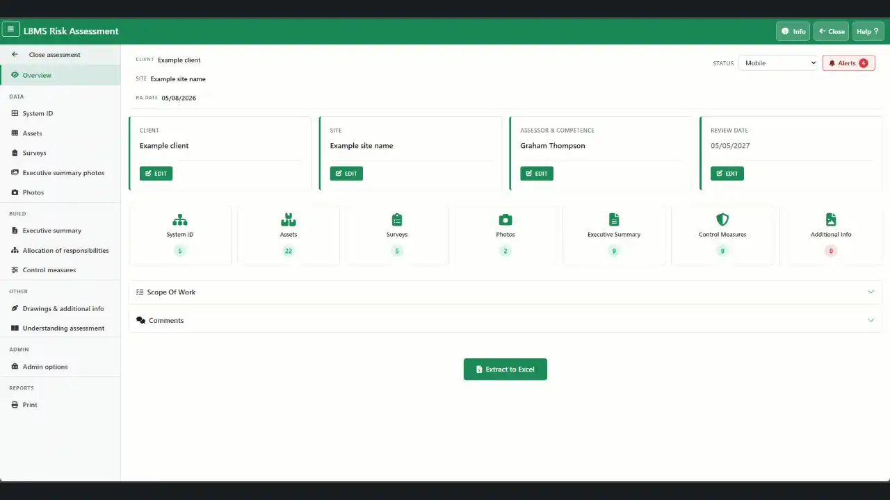 L8MS dashboard showing an overview of the risk assessment and highlighting errors or missing information.