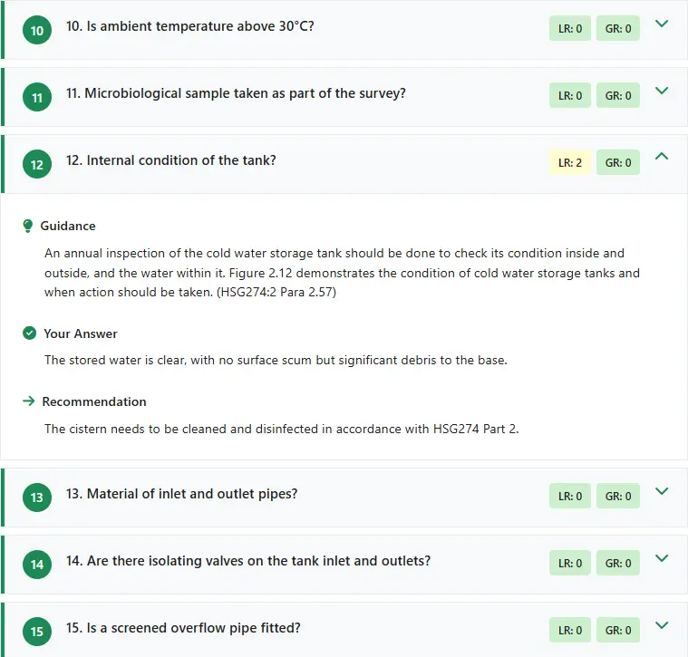 L8MS survey question with HSG274 guidance, the assessor's own answer and a site-specific recommendation