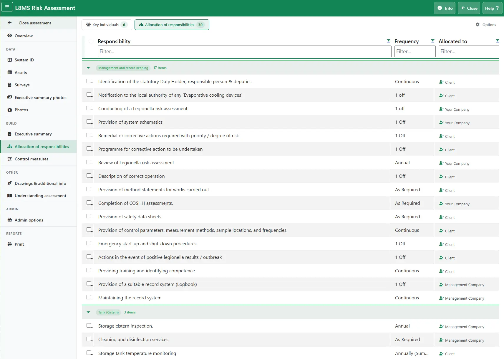 L8MS allocation of responsibilities table listing each duty-holder task, its frequency and whether it sits with the client, your company or the managing agent